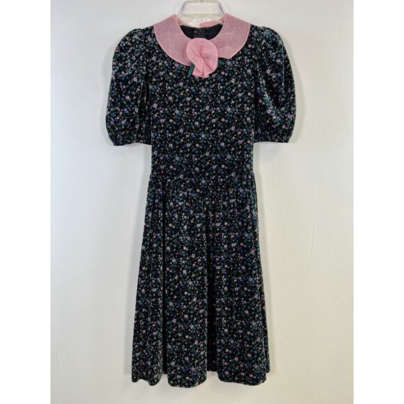 VTG Girls Florence Eiseman Blue Micro Floral Velvet Dress Size 14